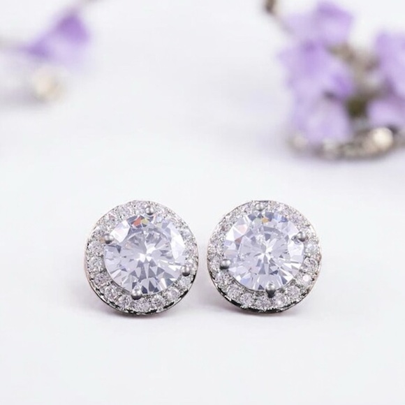 Jewelry - Round Crystal Halo CZ Faux Diamond Silver Earrings Affordable Luxury Earrings